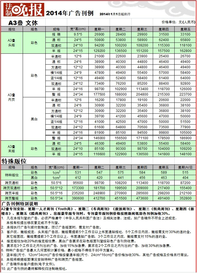 法制晚報(bào)廣告刊例